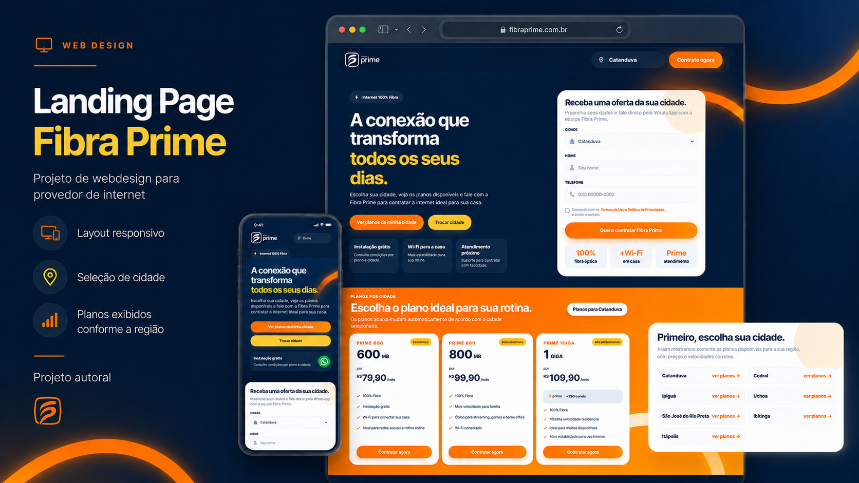 Apresentação da landing page responsiva desenvolvida para a Fibra Prime